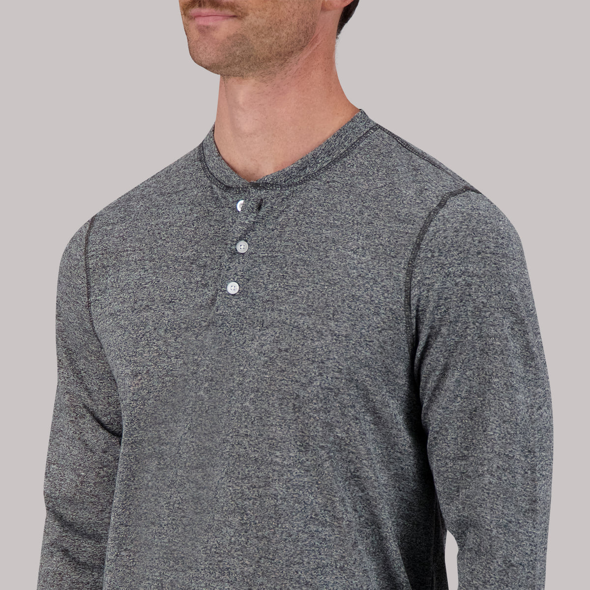 Model Side View of Recycled Long Sleeve Henley Top in Charcoal
