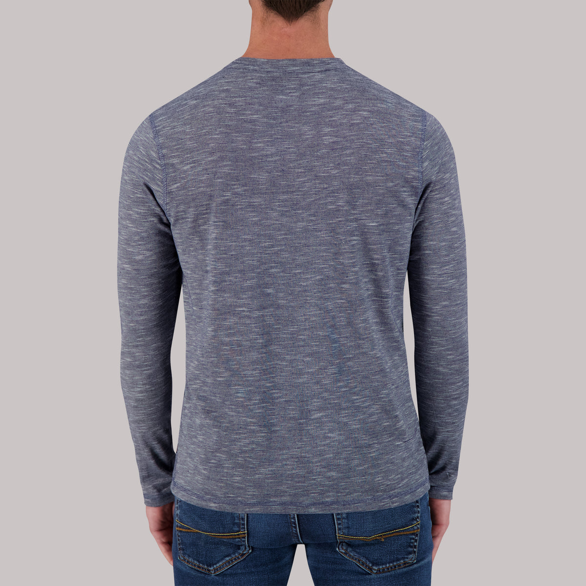 Long Sleeve Cotton Crew Neck Slub YD Stripe Jersey Knits in Navy