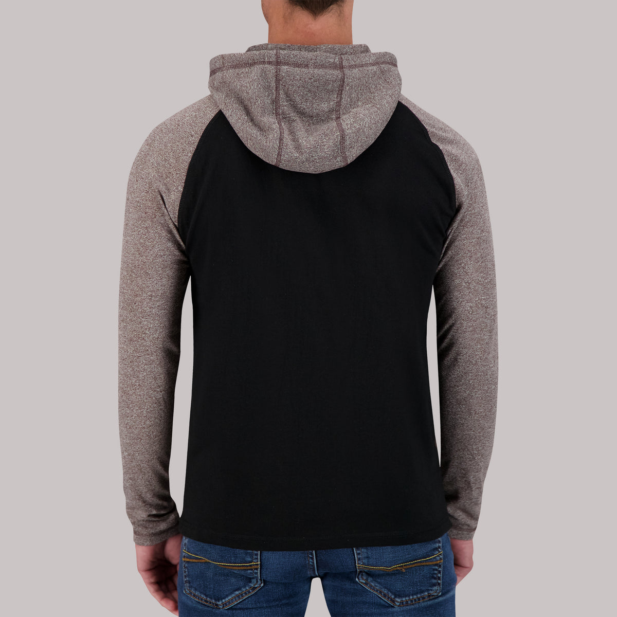 Model Back View of Recycled Two-Tone Hoodie in Truffle