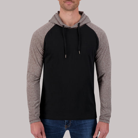 Model Front View of Recycled Two-Tone Hoodie in Truffle