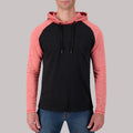 Model Front View of Recycled Two-Tone Hoodie in Red