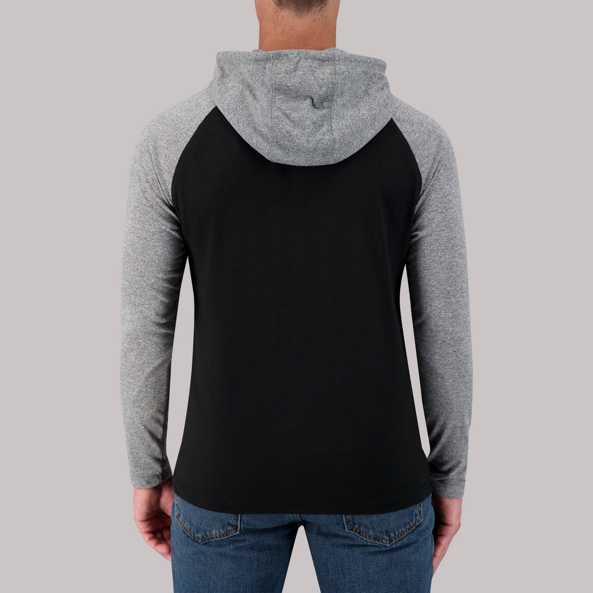 Model Back View of Recycled Two-Tone Hoodie in Grey