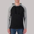 Model Front View of Recycled Two-Tone Hoodie in Grey