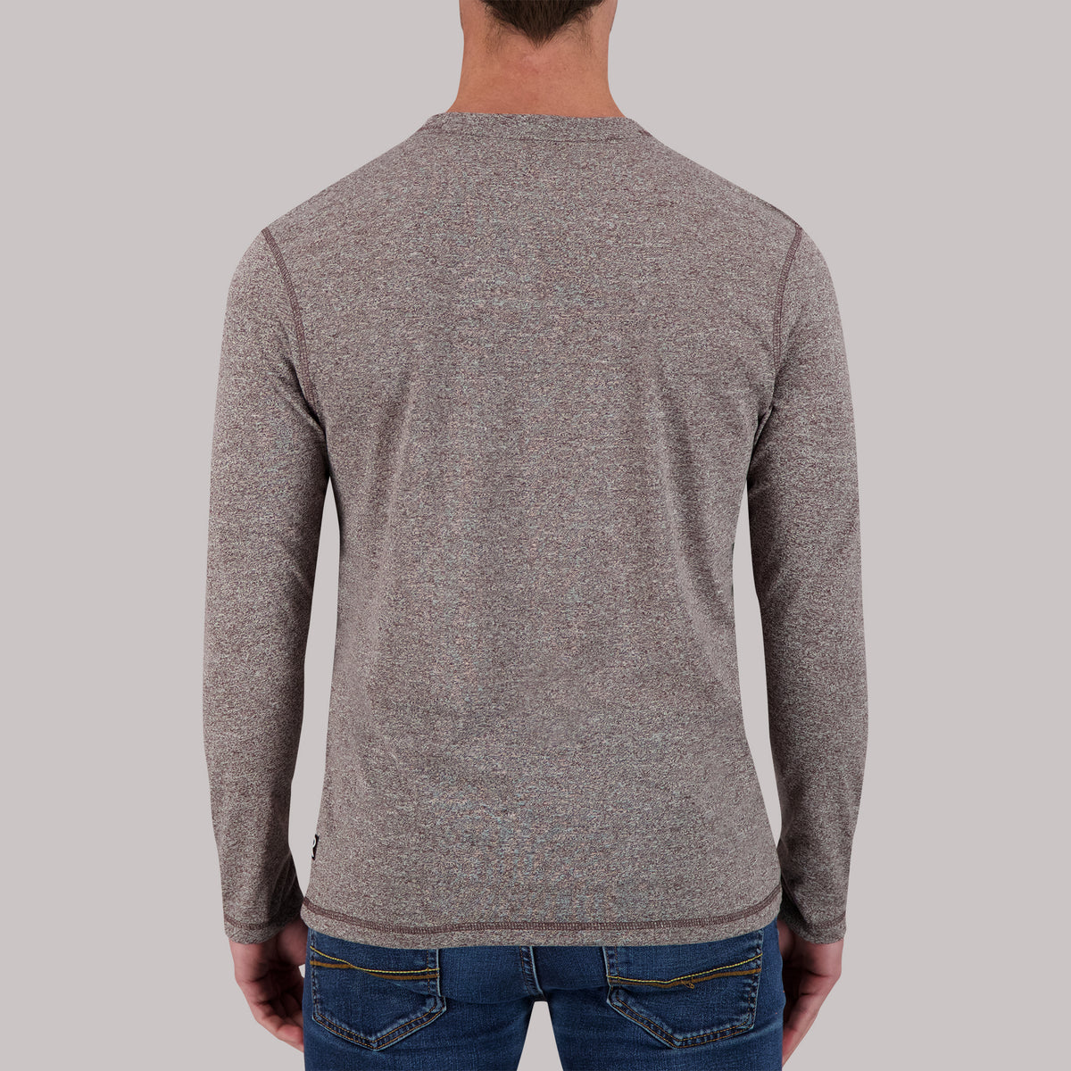 Model Back View Recycled Long Sleeve Crew Neck in Truffle