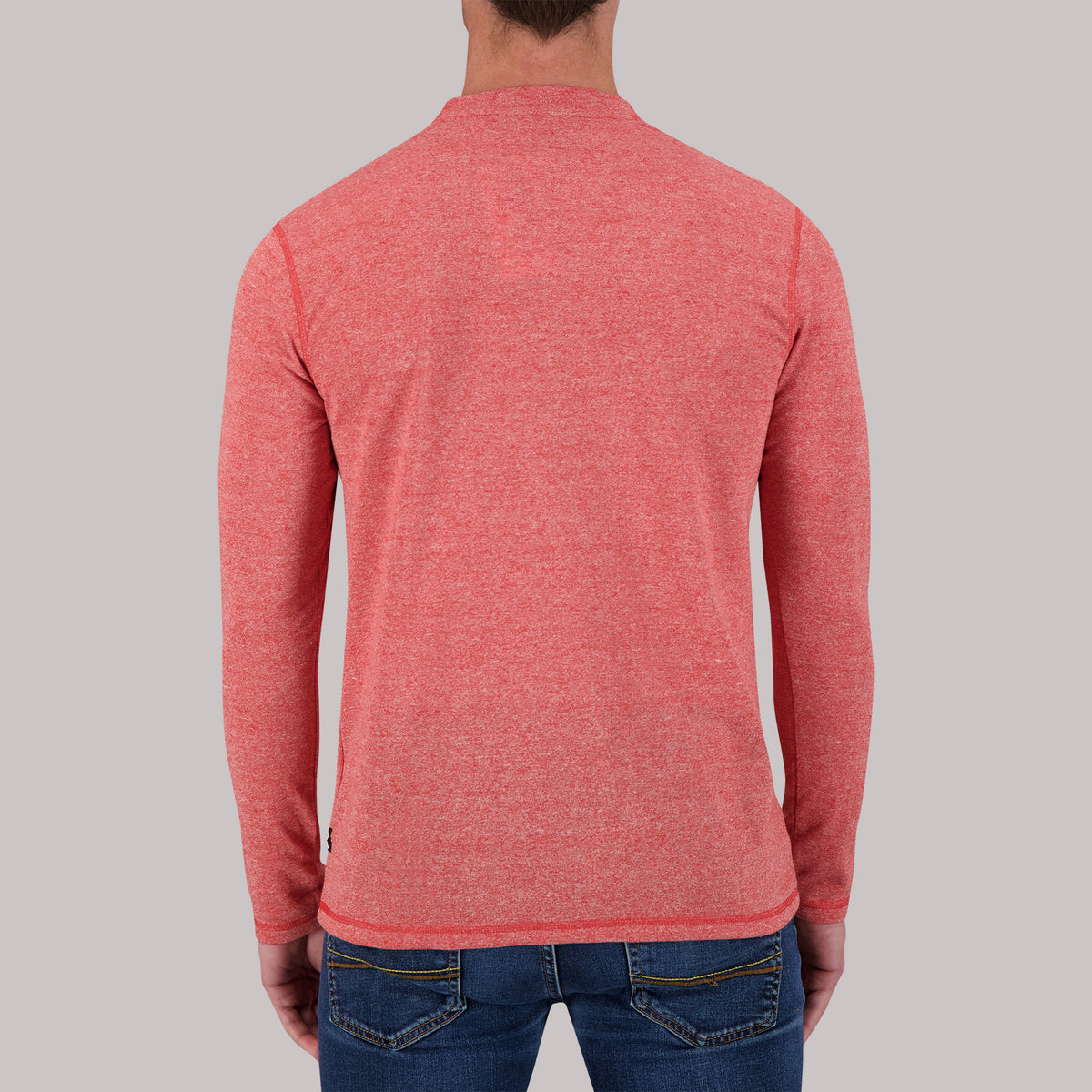 Model Back View of Recycled Long Sleeve Crew Neck Shirt in Red