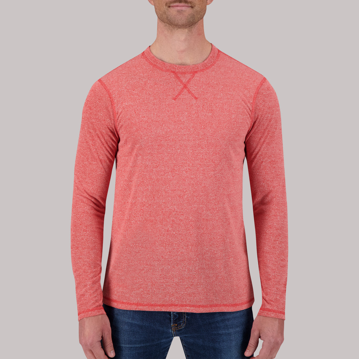 Model Front View of Recycled Long Sleeve Crew Neck Shirt in Red