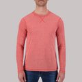 Model Front View of Recycled Long Sleeve Crew Neck Shirt in Red