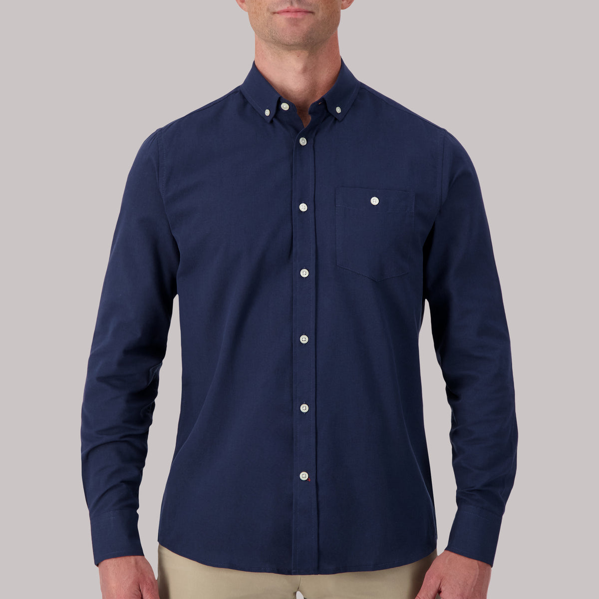 Model Front View of Long Sleeve Oxford Sport Shirt in Navy