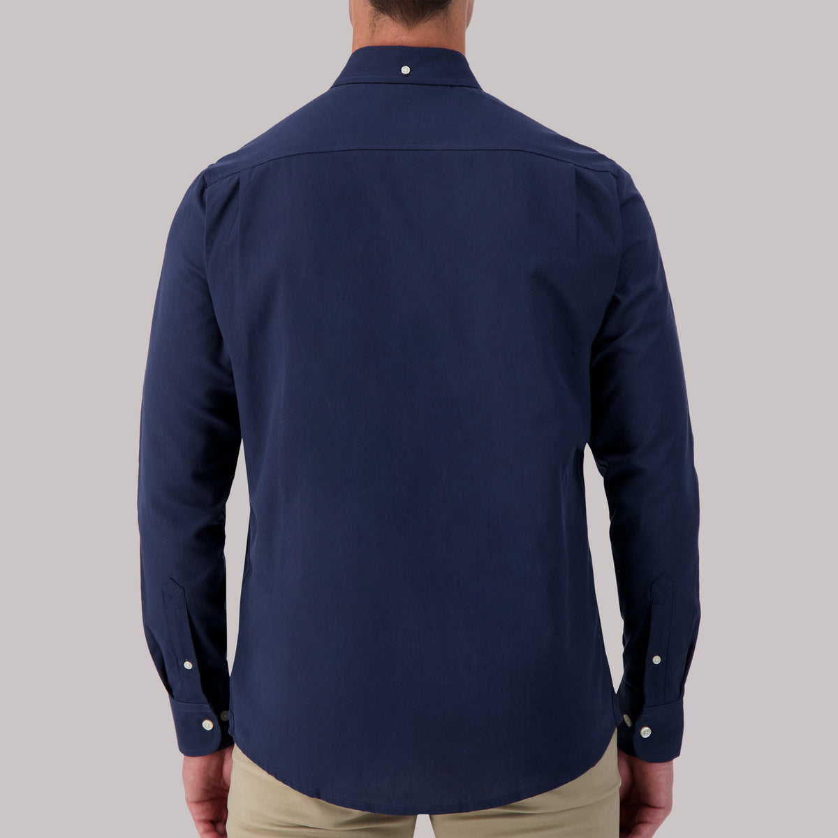 Model Back View of Long Sleeve Oxford Sport Shirt in Navy